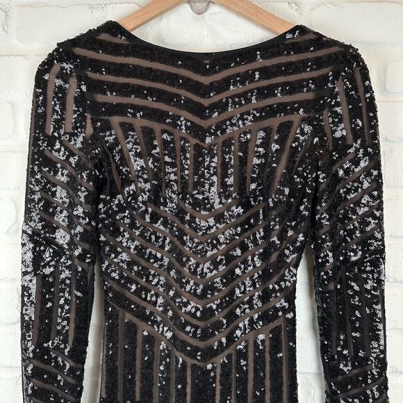 Dress the Population Emery Sequin Dress Long Sleeve Stretch Midi Sheath Black XS - Picture 5 of 11